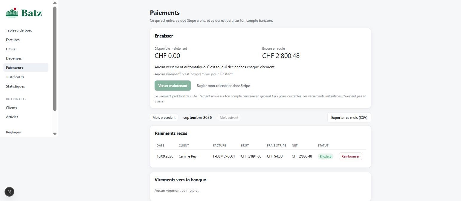L'écran d'encaissement de Batz : solde disponible, argent encore en route, et le paiement reçu avec les frais Stripe et le net