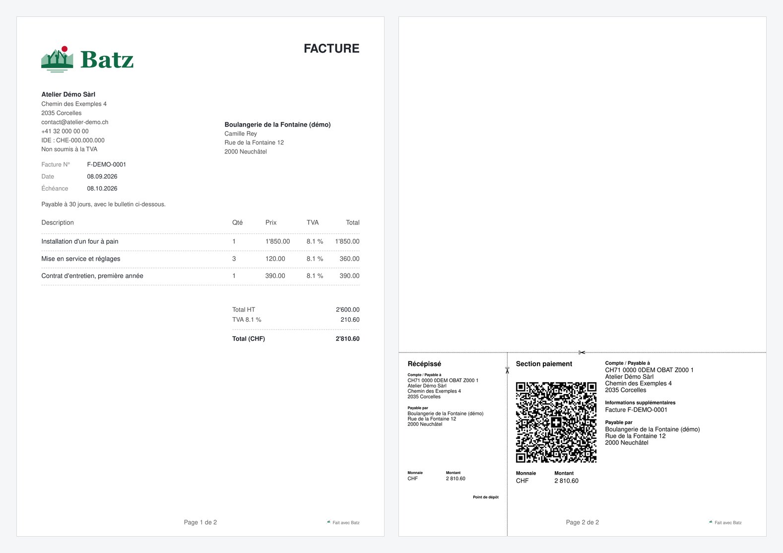 Une facture de démonstration produite par Batz, avec son bulletin de versement QR suisse