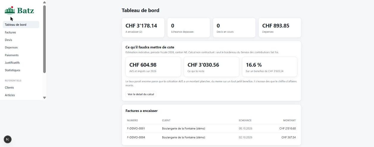 Le tableau de bord de Batz : montant à encaisser, dépenses, et estimation de l'AVS et de l'impôt